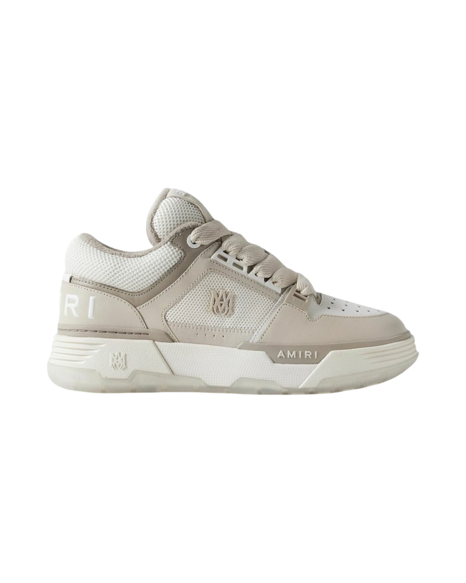 Beige sneaker with 'AMIRI' branding on a white background