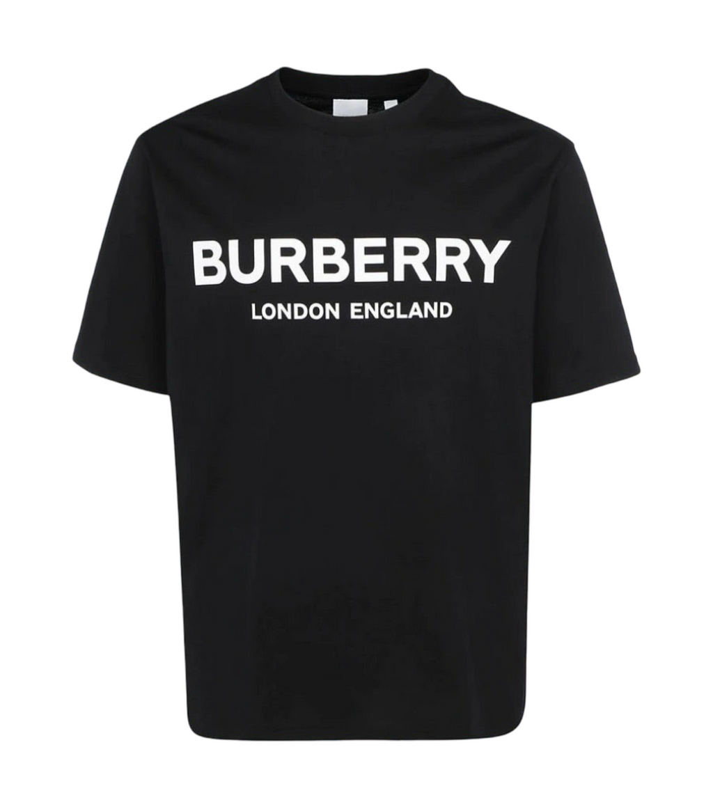Black Burberry t-shirt with white text on a white background