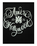 DRIPNORD black cotton t-shirt with Amiri Hollywood logo print in light grey, size XL.