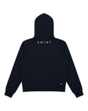 DRIPNORD AMIRI MA Bar Hoodie in navy blue cotton with white Amiri logo on the back.