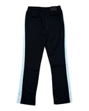 DRIPNORD Amiri track pants in black with white side stripes and a black Amiri logo tag.