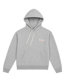 DRIPNORD grey cotton Balenciaga campaign hoodie with drawstring hood and front pocket. Features red and white logo detail.