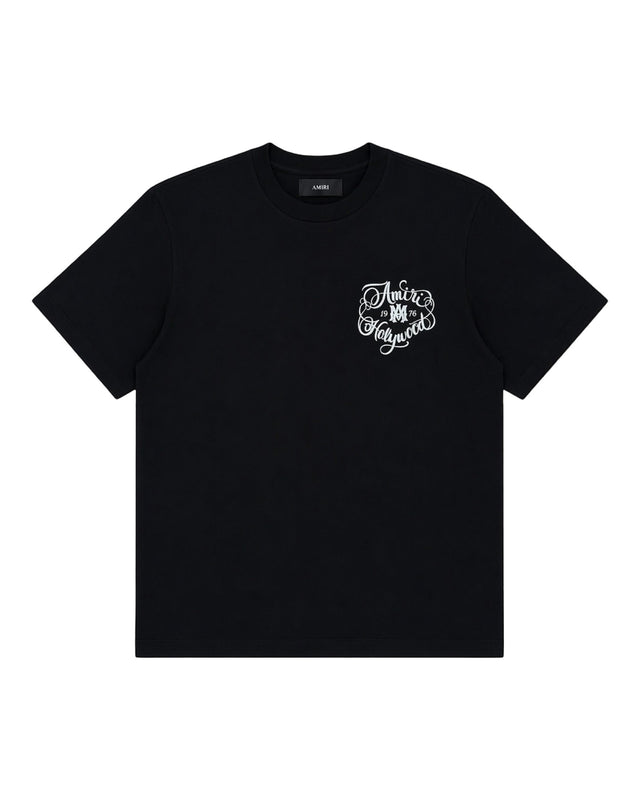 DRIPNORD black cotton t-shirt with white Amiri Hollywood graphic print on the chest. Crew neck, short sleeves, size XL.