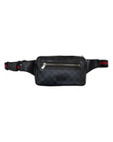 DRIPNORD black GG monogram canvas belt bag with red and blue stripe detail on strap and silver hardware.