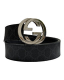 DRIPNORD black GG Supreme canvas belt with silver Interlocking G buckle, size 105cm.