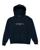DRIPNORD black cotton hoodie with a distressed Givenchy Paris logo and front pocket. Size M.