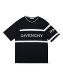 DRIPNORD black cotton t-shirt with white Givenchy Paris logo across the chest and white stripes on sleeves.