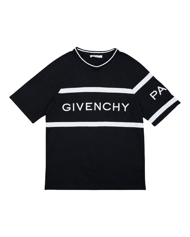 DRIPNORD black cotton t-shirt with white Givenchy Paris logo across the chest and white stripes on sleeves.