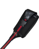 DRIPNORD black leather belt bag with red and blue stripe strap and buckle closure.