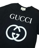 DRIPNORD black cotton t-shirt with white Gucci GG logo and text print. Size M, oversized fit.