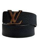 DRIPNORD black textured leather Louis Vuitton 40mm belt with bronze LV initial buckle.