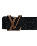 DRIPNORD black textured leather Louis Vuitton 40mm belt with rose gold LV logo buckle.