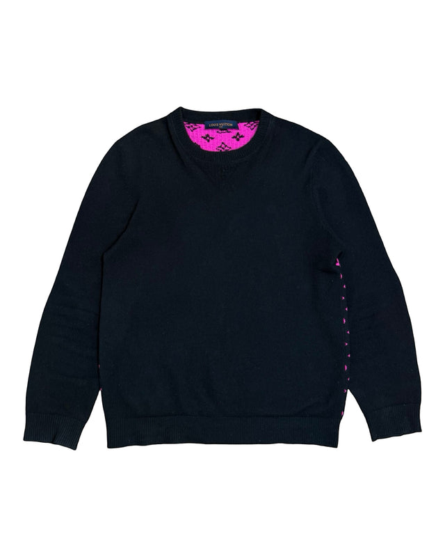 DRIPNORD black crewneck sweater with pink Louis Vuitton monogram detail on collar and sides. Size XXL fits XL.