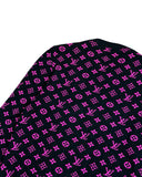 DRIPNORD black knit sweater with all-over pink Louis Vuitton monogram pattern. Long sleeves, crew neck.