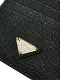 DRIPNORD black Saffiano leather Prada card holder with multiple card slots and iconic triangle logo.