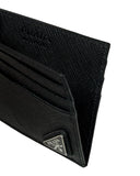DRIPNORD black Saffiano leather Prada card holder with multiple card slots and silver Prada triangle logo.