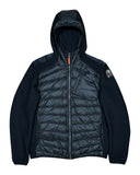 DRIPNORD black puffer jacket with quilted front, knit sleeves, and hood. Features orange zipper detail and brand patch.