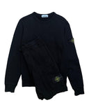 DRIPNORD black cotton Stone Island tracksuit set with crewneck sweatshirt and cargo pants, featuring signature compass logo patches.