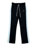 DRIPNORD black track pants with white side stripes and drawstring waist. Features embroidered logo on left thigh.