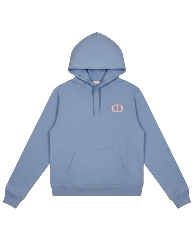 DRIPNORD blue cotton DIOR CD ICON HOODIE with embroidered logo on chest and front pocket.