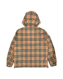 DRIPNORD Burberry Monogram Reversible Jacket in beige, black, and red plaid. Hooded, long-sleeved, lightweight outerwear.