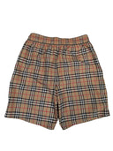 DRIPNORD Burberry monogram swim shorts in classic nova check pattern, beige, black, red, and white.