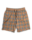 DRIPNORD Burberry Monogram Swim Shorts in classic beige plaid with black, white, and red lines. Elastic waistband with drawstring.