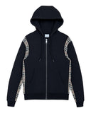 DRIPNORD navy zip-up hoodie with signature Burberry check panels on the sides. Features a drawstring hood and front pockets.