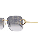 DRIPNORD rimless Cartier sunglasses with gold accents and grey gradient lenses featuring a repeating C logo pattern.