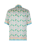 DRIPNORD Casablanca Ping Pong silk shirt with a pastel geometric pattern and blue trim.
