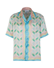 DRIPNORD Casablanca short-sleeve silk shirt with a pastel geometric print and wavy blue, yellow, and pink trim.