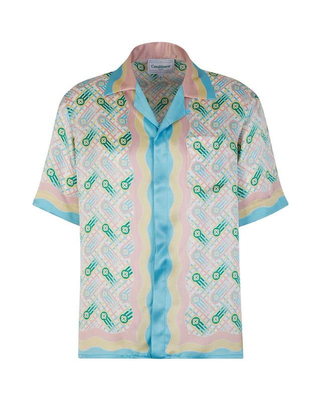 DRIPNORD Casablanca short-sleeve silk shirt with a pastel geometric print and wavy blue, yellow, and pink trim.