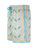 DRIPNORD Casablanca Ping Pong silk shorts with a pastel geometric pattern and wavy side panels. Features a drawstring waist.