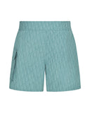 DRIPNORD Dior Oblique swim shorts in teal blue with all-over logo pattern and cargo pocket detail.