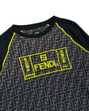 DRIPNORD Fendi FF monogram sweatshirt in brown and black with yellow trim and logo detail.