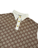 DRIPNORD beige and brown GG monogram polo shirt with white collar and gold buttons. Fits XL.