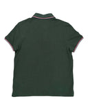 DRIPNORD dark green short-sleeve polo shirt with red and white striped collar and cuffs.