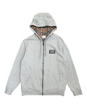 DRIPNORD grey cotton zip-up hoodie with iconic Burberry check lining and black logo patch on chest. Size L.