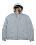 DRIPNORD grey zip-up hoodie with iconic Burberry check lining in hood. Features a small embroidered logo.