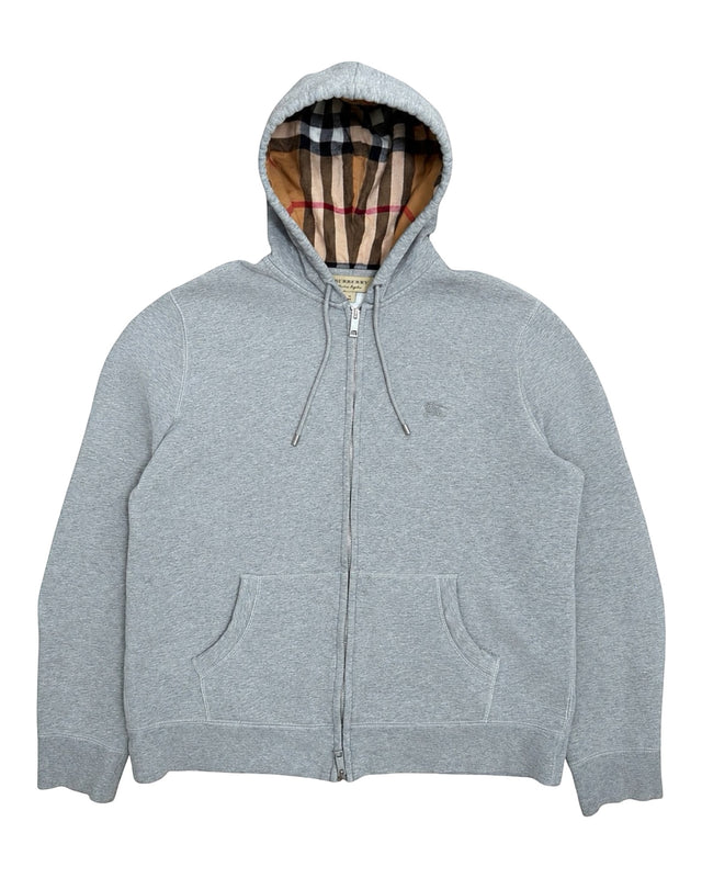 DRIPNORD grey zip-up hoodie with iconic Burberry check lining in hood. Features a small embroidered logo.