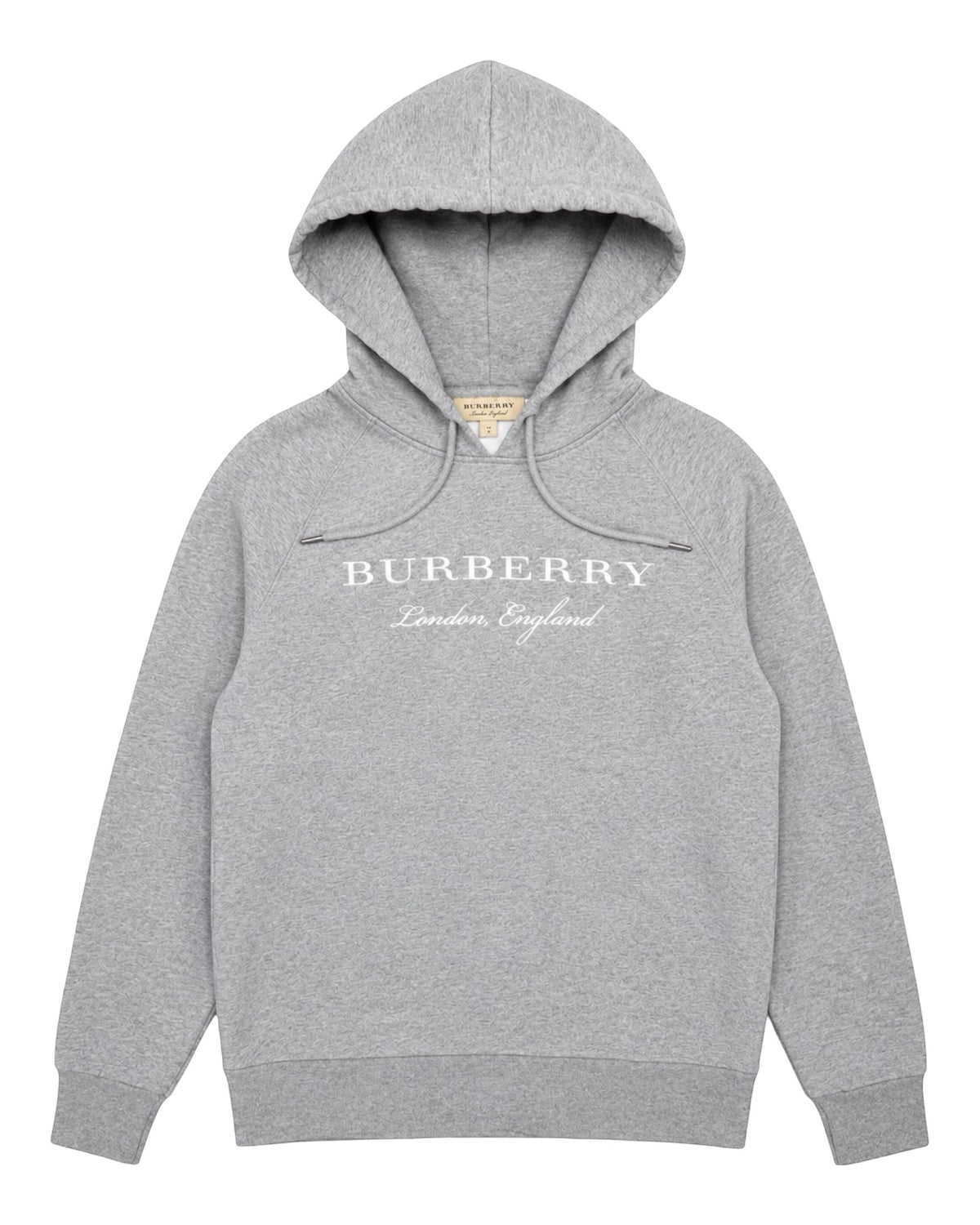 DRIPNORD grey cotton blend hoodie with embroidered Burberry London England logo on the chest. Features a drawstring hood and ribbed cuffs.