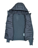 DRIPNORD grey hooded cardigan with puffer vest overlay and knit sleeves. Features a zip-up front and drawstring hood.
