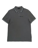 DRIPNORD grey cotton Prada polo shirt with white and black striped collar and cuffs, size M.