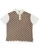 DRIPNORD Gucci GG monogram polo shirt with white collar, sleeves, and hem. Features gold buttons.