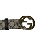 DRIPNORD Gucci GG Supreme belt with interlocking G buckle. Beige and black monogram canvas with black leather trim.