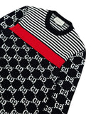 DRIPNORD black knit sweater with white GG monogram pattern, red stripe, and white pinstripe detail. Gucci logo tag visible.