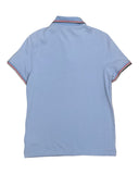 DRIPNORD light blue cotton short sleeve polo shirt with red and white striped collar and cuffs.
