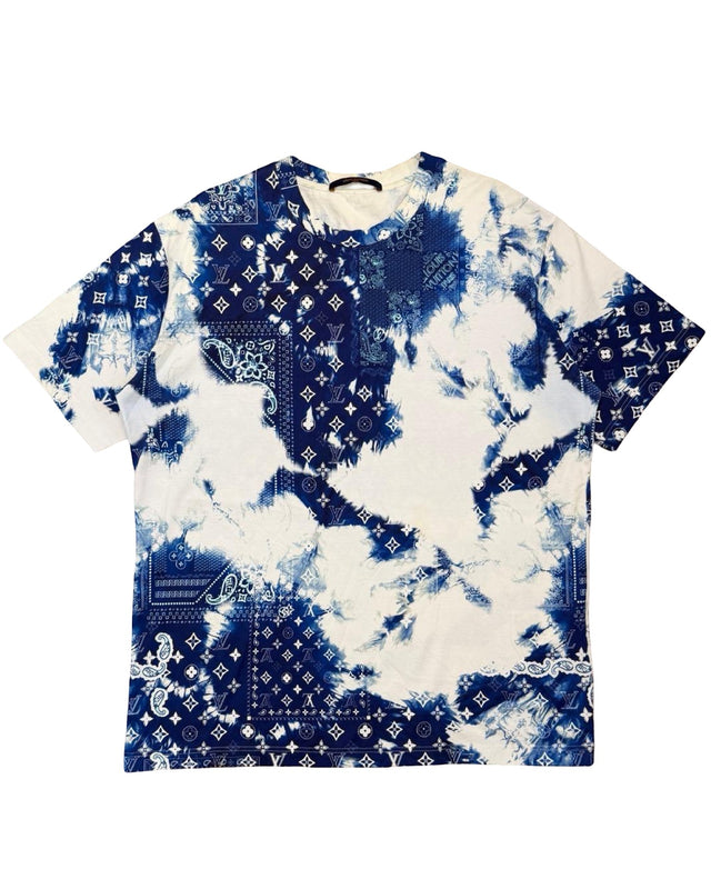 DRIPNORD white and blue tie-dye t-shirt with Louis Vuitton monogram bandana print, size XL.