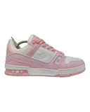 DRIPNORD Louis Vuitton pink and white leather trainers with signature monogram pattern and LV logo.