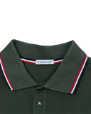 DRIPNORD Moncler dark green cotton polo shirt with red, white, and blue striped collar trim.